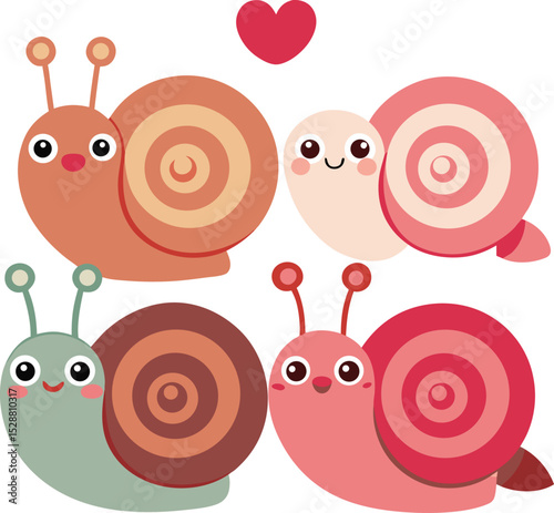Cartoon Snails in Love with a Heart Above Them on White