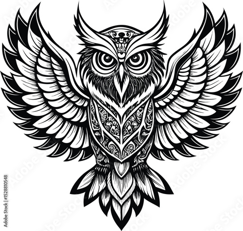 Detailed Black and White Illustration of an Owl with Spread Wings