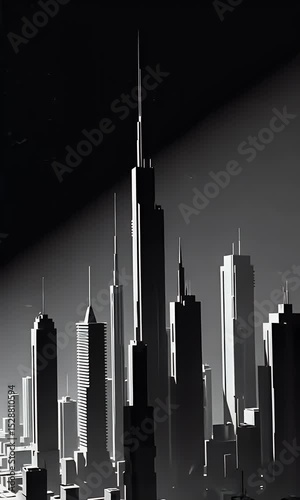 Monochrome Cityscape Illustration Dramatic Lighting Skyscrapers