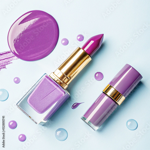 Lavender Lux Glamorous Flat Layer of Lipstick and Nail Polish Duo, a stylish flat layer of luxurious lavender lipstick and matching nail polish on a pastel blue background, 