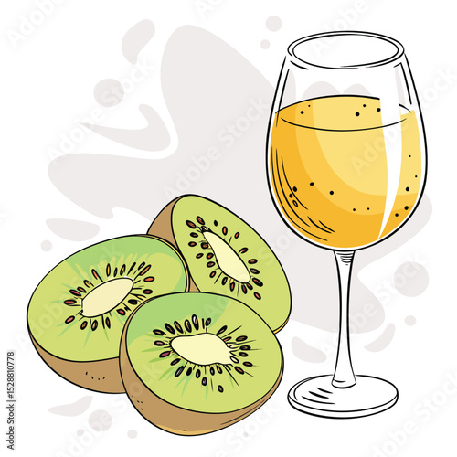 Watercolor Vector Painting of Kiwi Mango Juice with Cat Illustration Element