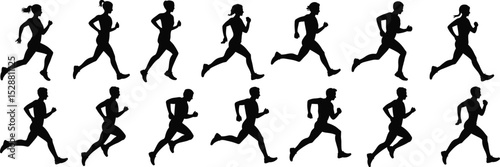 Running silhouette vector set, male and female joggers, athletic runner posture, fitness motion graphic