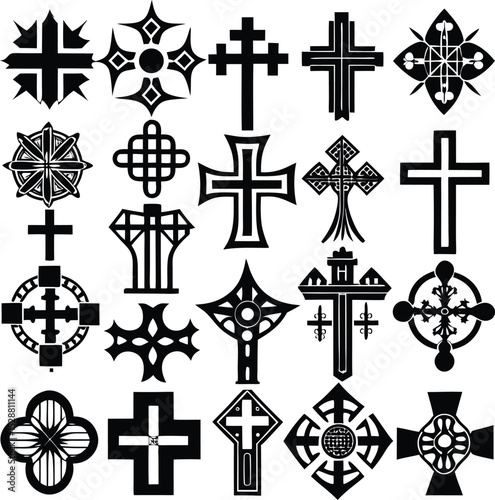 Diverse Collection of Black and White Cross Designs on a White Background