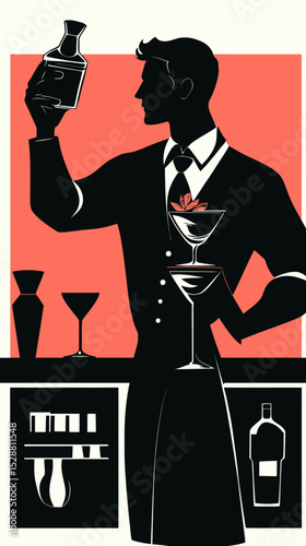 Silhouette of bartender mixing cocktail with shaker behind bar counter stylish flat vector illustration of male bartender in vest and tie serving drinks in glassware with liquor bottles and bar tools