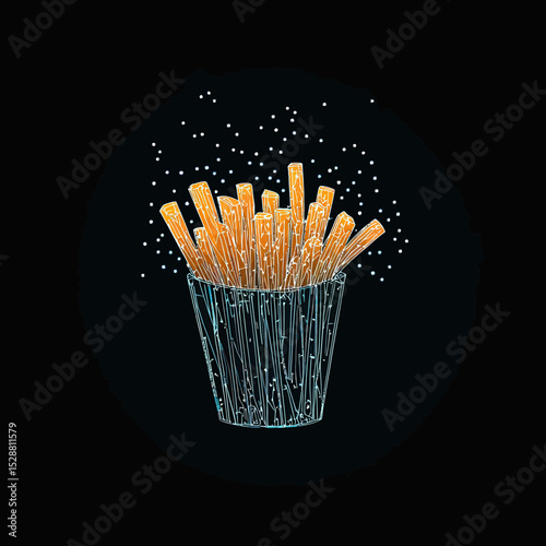 Vector illustration of French fries in a wireframe bucket with glowing particles on dark background fast food minimalist digital art concept