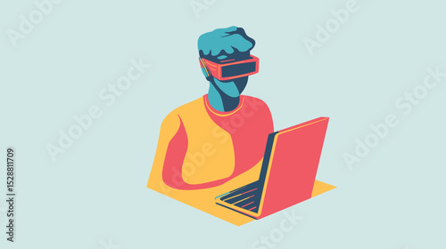 Person wearing virtual reality headset using laptop computer digital technology concept flat vector illustration in vibrant colors