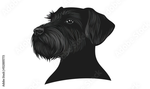 Detailed black dog head portrait vector illustration with textured fur and alert expression on white background minimalist design for pet or animal concept