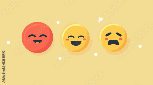 Set of three flat minimalist feedback emoji faces showing happy, laughing, and sad expressions on yellow background for user rating and emotion concept