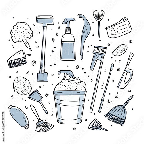 Hand drawn cleaning tools set with bucket, spray bottle, dustpan, broom, mop, scrub brush, sponge and duster in sketch style, household cleaning equipment illustration