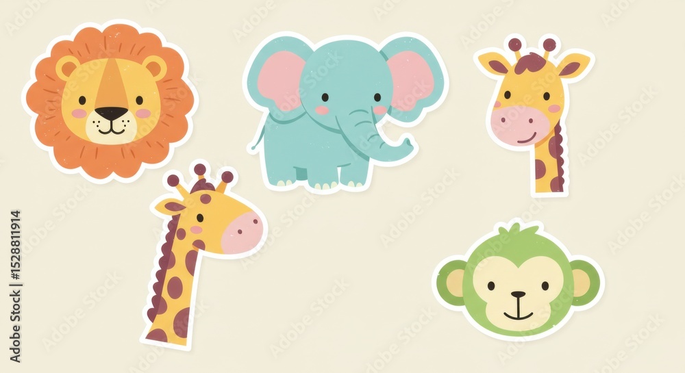 Naklejka premium Cute Cartoon Safari Animal Stickers Set
