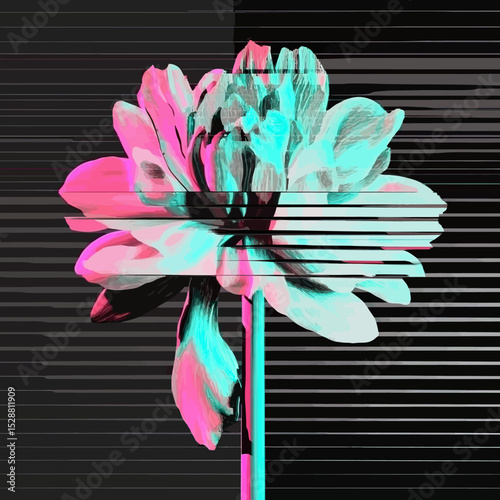 Digital glitch effect on stylized flower with pink and cyan anaglyph colors and horizontal distortion lines on black background vector illustration