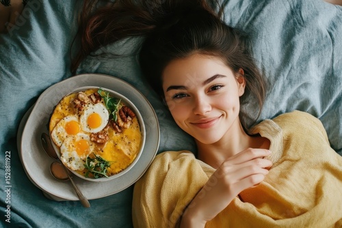 Woman happily enjoying a leisurely breakfast in bed with a delicious spread on a cozy morning, Woman Enjoying Breakfast in Bed