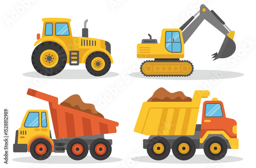 Cartoon Construction Vehicle Set Tractor, Excavator, and Dump Trucks Vector

