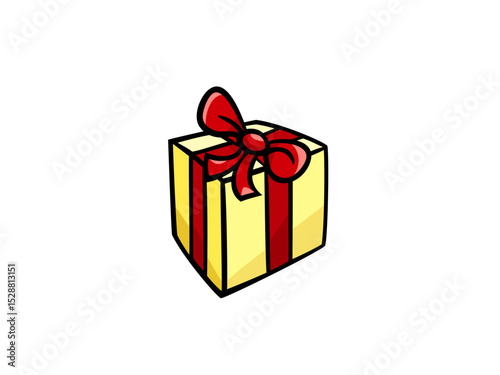A festive yellow gift box with a bright red ribbon and bow making a perfect present for any occasion