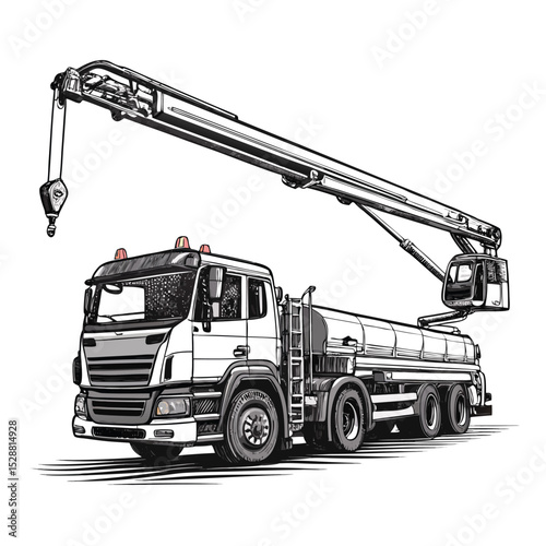 High-resolution image of a powerful concrete pump truck with its long, articulated boom fully extended, showcasing its industrial strength and reach.