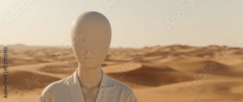 Faceless Figure in Desert Landscape. A Study in Surrealism, Isolation, and Identity.