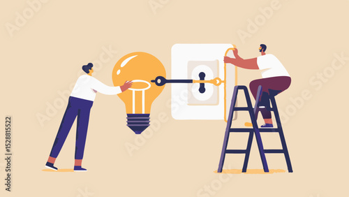Concept of teamwork to solve problems connecting light bulb to electrical outlet creative solution innovation and energy efficiency with collaboration