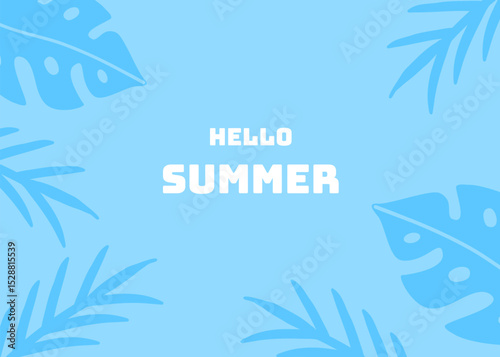 Summer background illustration with soft blue colour. Social media banner and presentation background template. Apparel packaging, coconut and sun, holiday and travel business