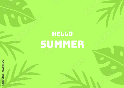 Summer background illustration with green colour. Social media banner and presentation background template. Apparel packaging, coconut and sun, holiday and travel business