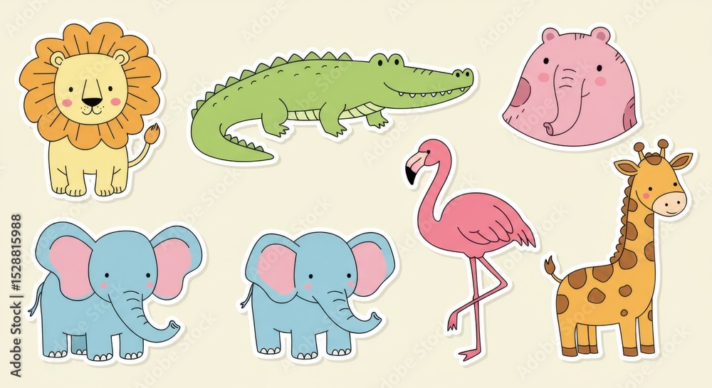 Obraz premium Cute Cartoon Safari Animal Sticker Set