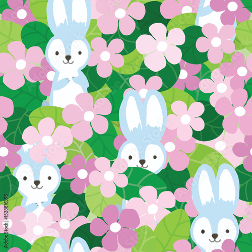 Cute rabbit bunny having fun in pink violet flower garden seamless background