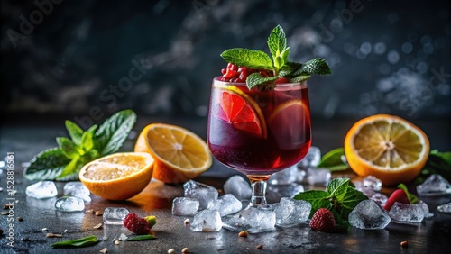 Refreshing summer beverage with citrus and berries served in a stemmed glass on ice