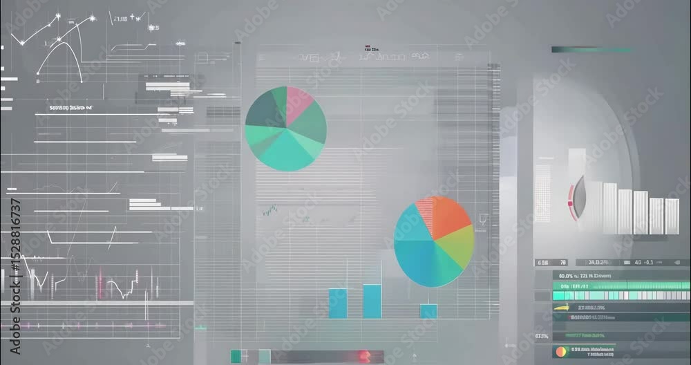 Various charts and graphs on grey background, different data visualizations floating, multiple graph types on grey surface, mixed chart patterns, abstract data graphics