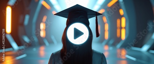 Educational Video Platform. Graduating Student with a Play Button Overlay.