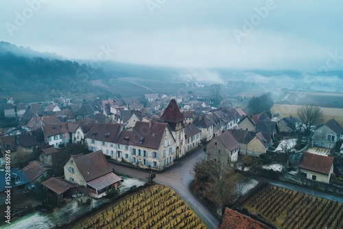 Aerial view of GevreyChambertin showcasing charming village and vineyard landscape in misty morning light, Aerial of the village Gevrey-Chambertin in France on a cloudy morning in late winter