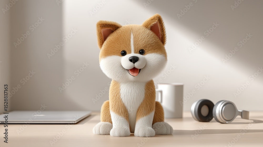 Fototapeta premium 3D render of a fluffy Shiba Inu with golden brown fur, sitting happily at a desk with a laptop and coffee mug, front-facing view, morning sunlight, minimalistic office background, with headphones