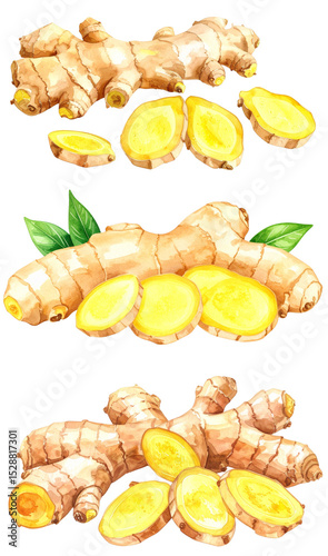 Fresh ginger roots and slices with vibrant yellow color, ideal for culinary use.