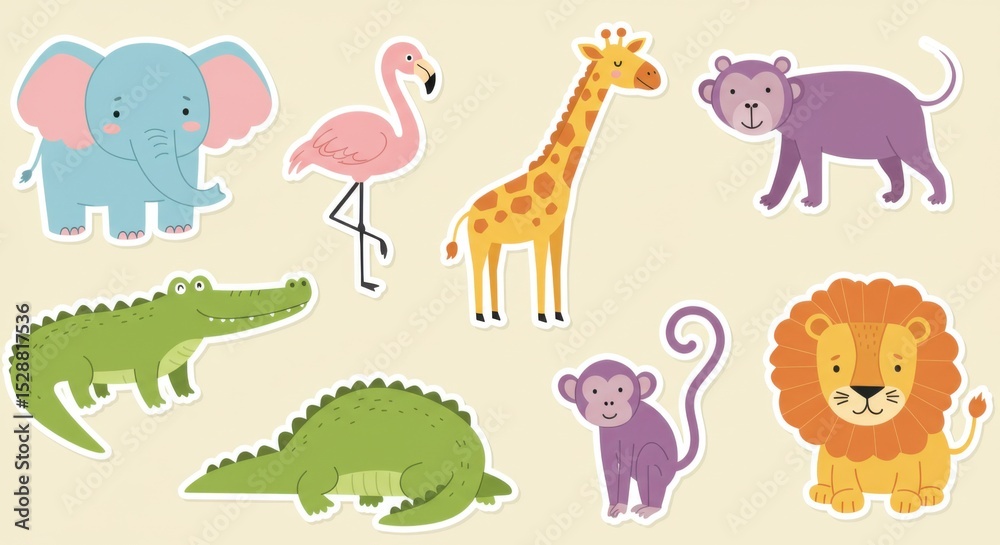 Naklejka premium Cute Jungle Animals Sticker Illustration Set