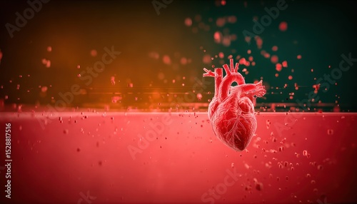 3D model of a human heart in red fluid