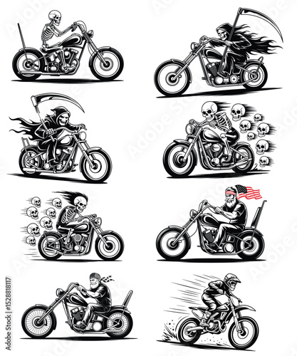 A set of motorcycle silhouettes featuring various bike designs, perfect for motocross, racing, and extreme sports illustrations