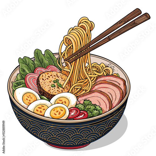 A deluxe ramen bowl overflowing with chashu pork, nori seaweed, soft boiled egg, menma, spring onions, and vibrant broth.  (1) indicates additional topping.