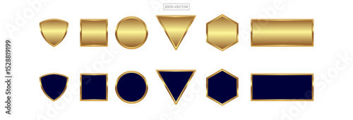Gold button of different geometric shapes with frames and shine light effect set vector illustration