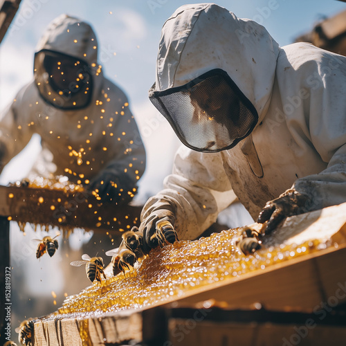Two beekeepers are working on a honeycomb, one of them is wearing a white suit. The bees are flying around them, and the honeycomb is full of honey