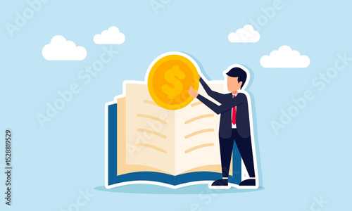 businessman holding dollar coin near open book illustration of literacy in managing business finance