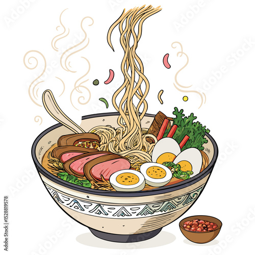 A deluxe ramen bowl overflowing with toppings and broth, showcasing rich textures and vibrant colors.  The perfect comfort food image.