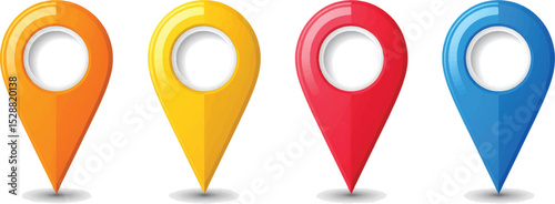 A vibrant set of 3D-rendered colorful map pin icons, perfect for illustrating location and navigation