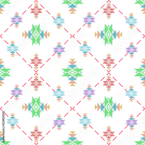 Soft pastel geometric tribal pattern designed for baby products such as rompers, blankets, pillows, and nursery decor. The diamond and tribal motifs convey warmth and uniqueness, bringing a cheerful 