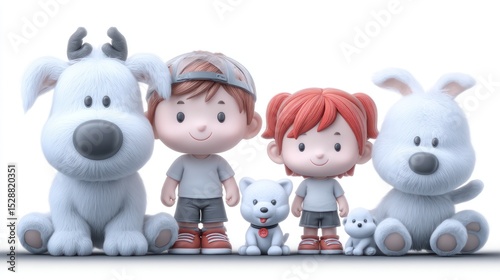 Cartoon family of children and dogs