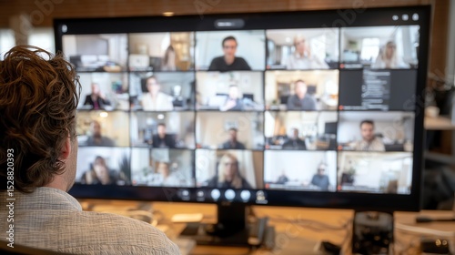 Back view of remote meeting with multi-screen collage effect, perfect for illustrating modern workplace collaboration in digital age