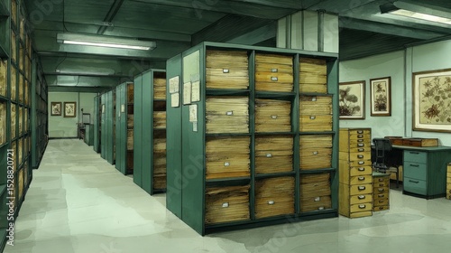 Interior of a Vintage Archive Room with Wooden File Cabinets