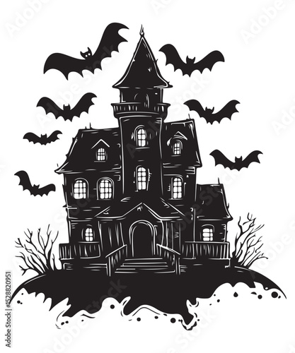 Halloween haunted house silhouette vector art , Halloween spooky ghost house, creepy monsters haunted houses, vector illustration