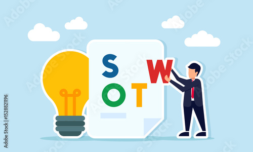 businessman arranging SWOT text on a paper near a trophy illustration of research and analysis of business ideas