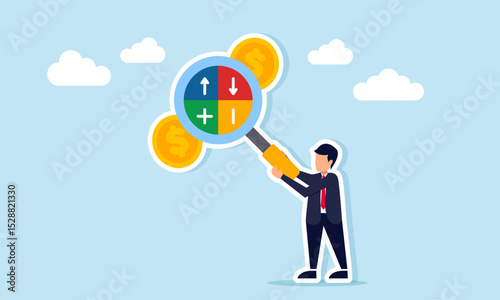 businessman observing dollar coins with magnifying glass showing plus minus up arrow and down arrow illustration of risk analysis in business financial management