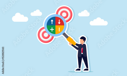 businessman observing several target boards with magnifying glass showing plus minus up arrow and down arrow illustration of risk analysis in achieving business targets