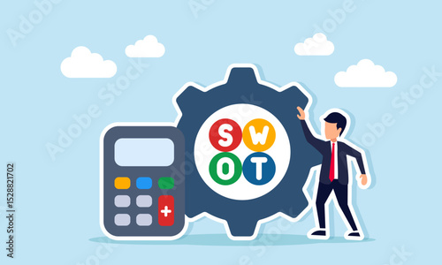 businessman standing next to calculator and gear with SWOT text illustration of research analysis and calculation of business system performance