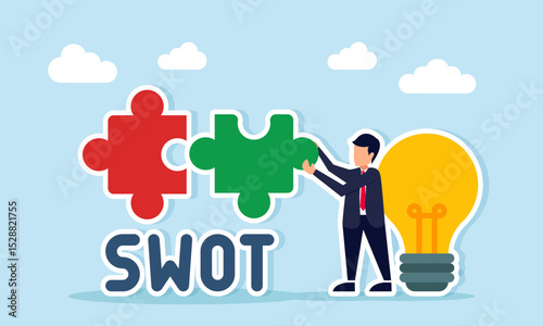 businessman near lamp assembling puzzle with SWOT text illustration of business problem solving through business innovation